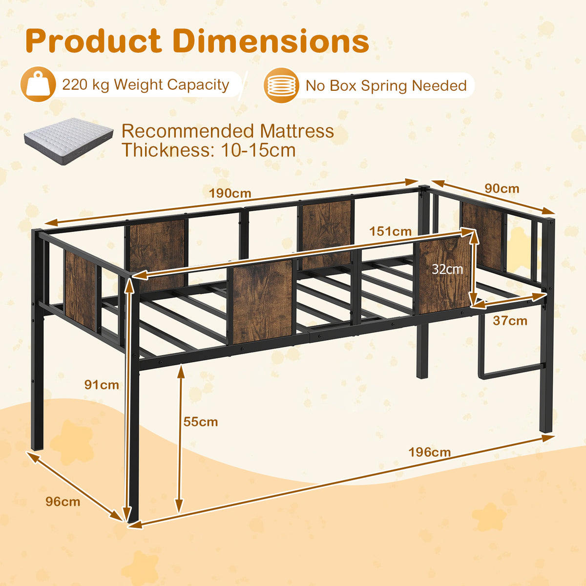 Low Loft Bed Single Size with Heavy-Duty Metal Frame-RusticBrown