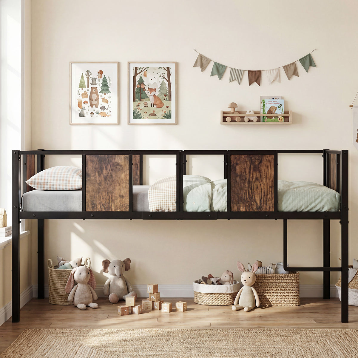 Low Loft Bed Single Size with Heavy-Duty Metal Frame-RusticBrown