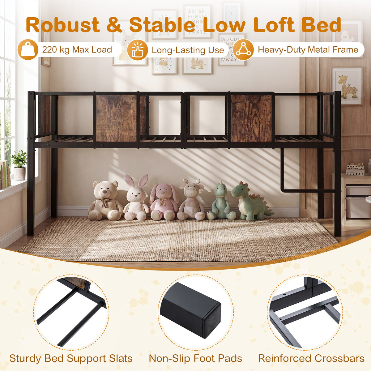 Low Loft Bed Single Size with Heavy-Duty Metal Frame-RusticBrown