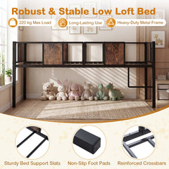 Low Loft Bed Single Size with Heavy-Duty Metal Frame-RusticBrown
