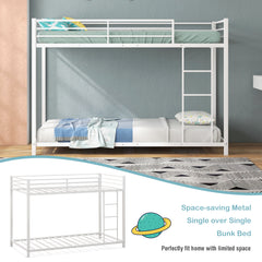 Low Profile Single Over Single Bunk Beds with Ladder and Full-length Guardrails-White