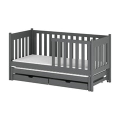 The grey kids single bed with a pull-out trundle and two storage drawers underneath