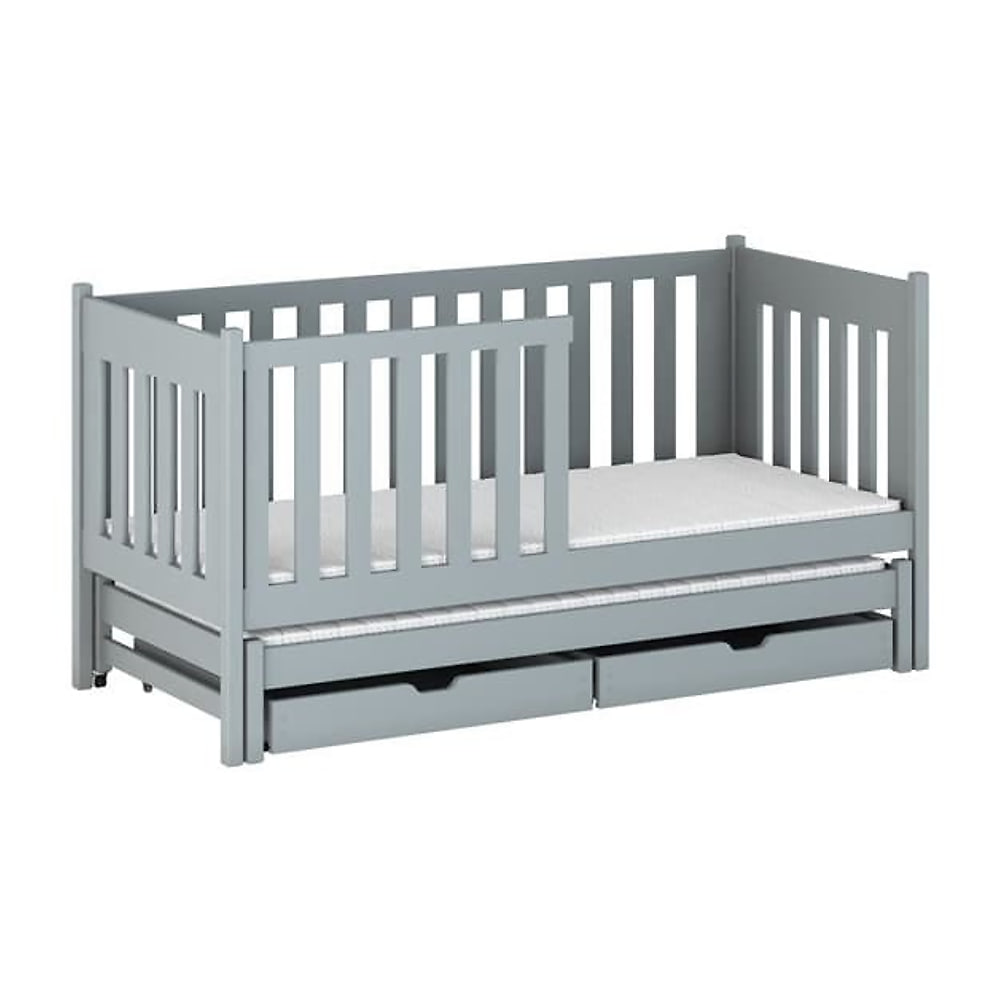 The kids single bed in a grey finish featuring a trundle bed and two storage drawers