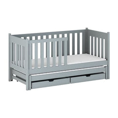 The kids single bed in a grey finish featuring a trundle bed and two storage drawers
