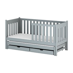 The grey kids single bed with trundle and storage drawers shown from the front