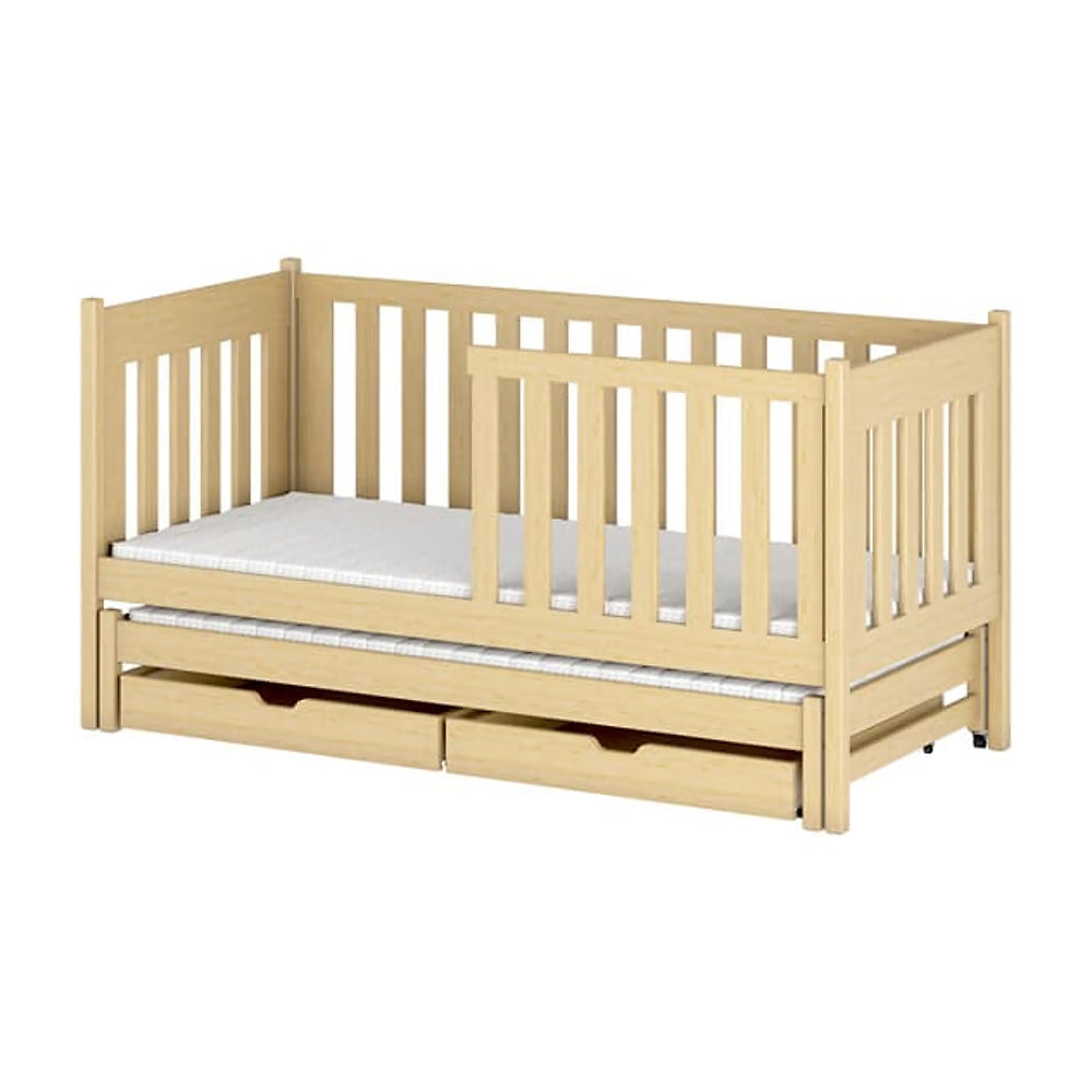 The natural wood kids single bed with a pull-out trundle and two storage drawers underneath