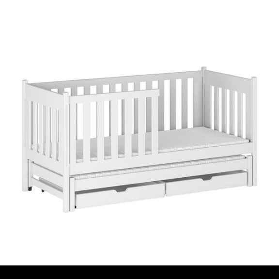 The kids single bed in white with a slatted safety rail and two storage drawers underneath