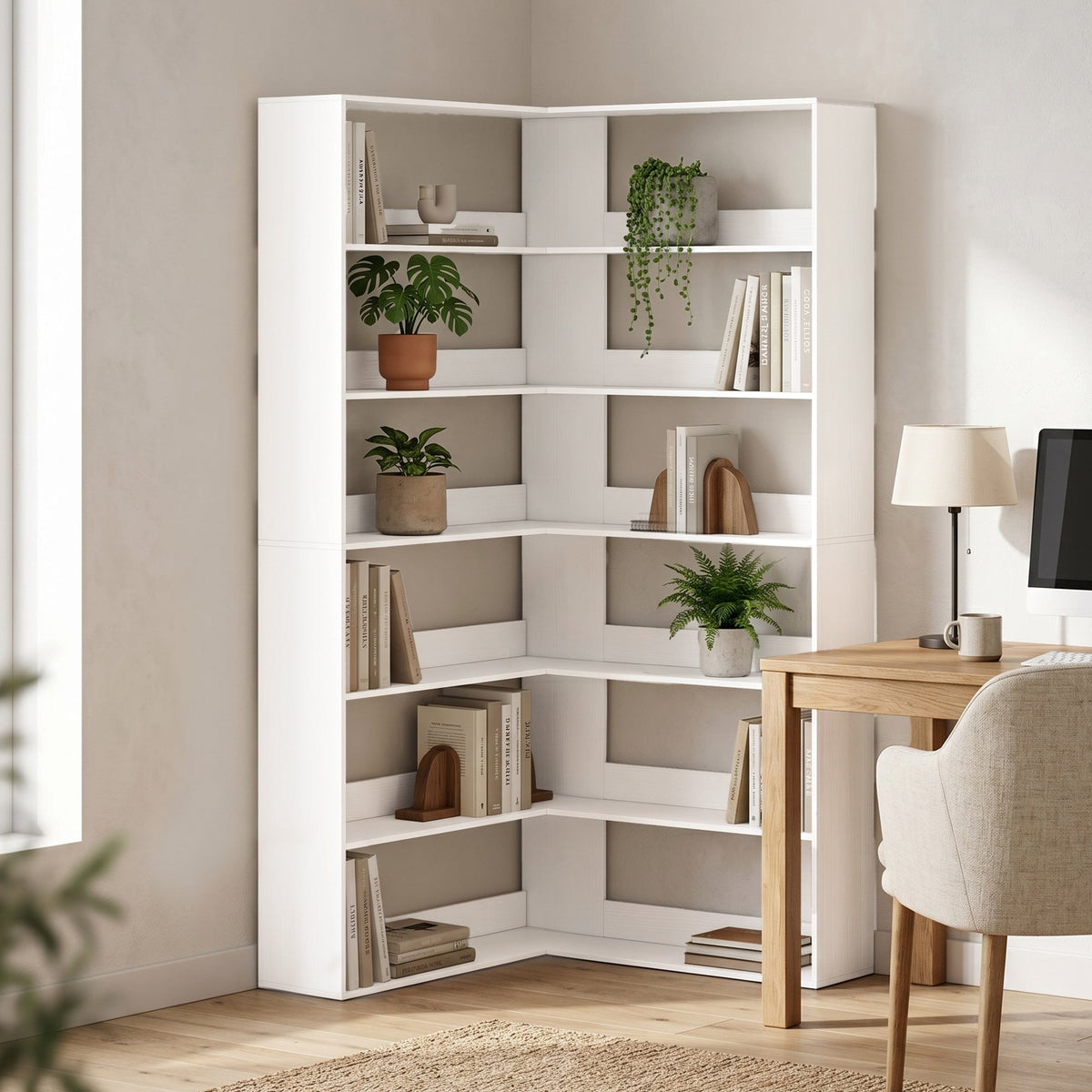 HOMCOM 7 Tiers Bookshelf, L-Shaped Corner Bookcase with Anti-Slip Rear Guard, White Wood Effect