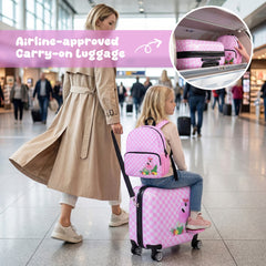 A woman and child with a pink and white checkered kids luggage set at an airport