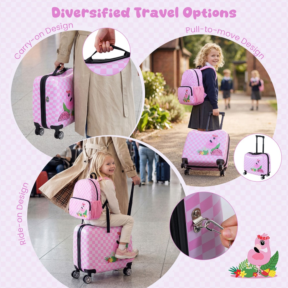 Different ways to use the pink and white checkered kids luggage set with flamingo design