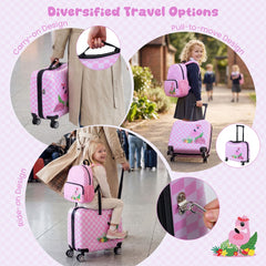 Different ways to use the pink and white checkered kids luggage set with flamingo design