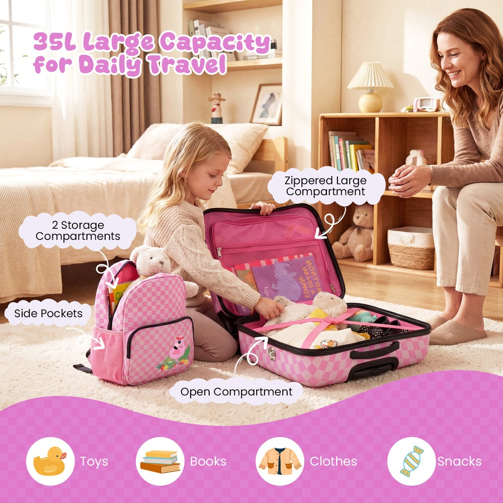 Inside of the pink and white checkered kids luggage set showing storage compartments