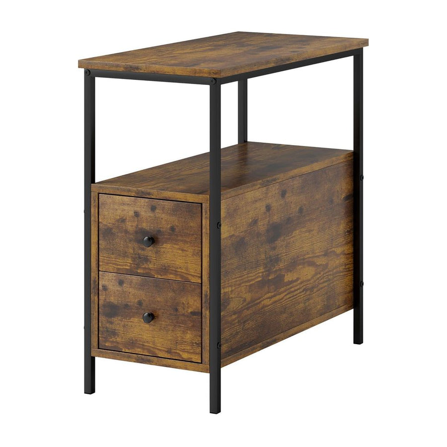 HOMCOM Side Table, Narrow Bedside Table with 2 Drawers and Storage Shelf, Industrial End Table with Metal Frame for Small
