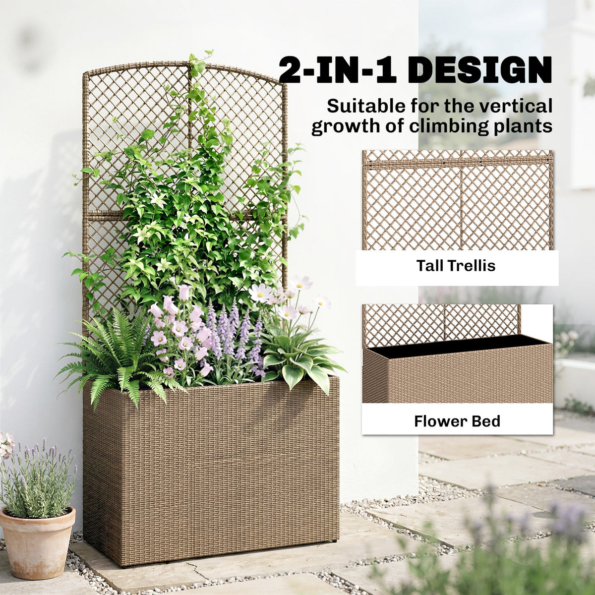 Outsunny Rattan Planter with Trellis, Raised Beds for Garden with Liner for Climbing Plants Vegetables Flowers, Light Grey
