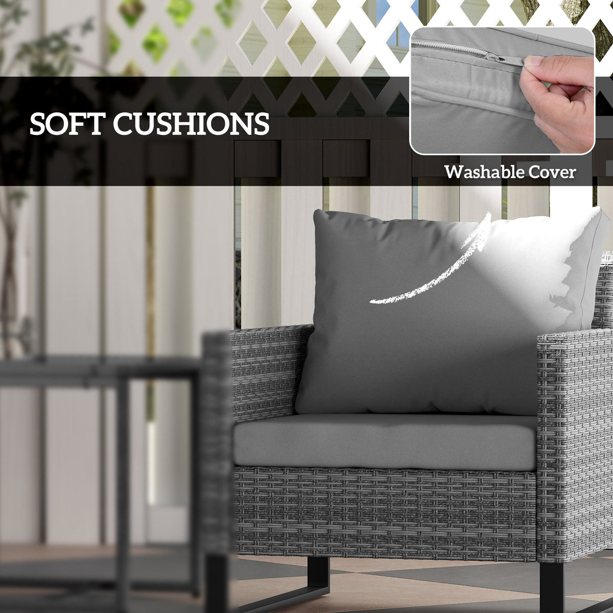 Outsunny 3 Pieces Rattan Bistro Set with 4 Cushions, Wicker Garden Furniture Set, Glass Top Coffee Table and Chairs for Outdoor Patio, Balcony, Terrace and Conservatory, Grey
