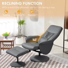 HOMCOM Swivel Recliner Chair with Footstool, PU Leather Armchair and Ottoman with High Back and Round Base for Living Room, Grey