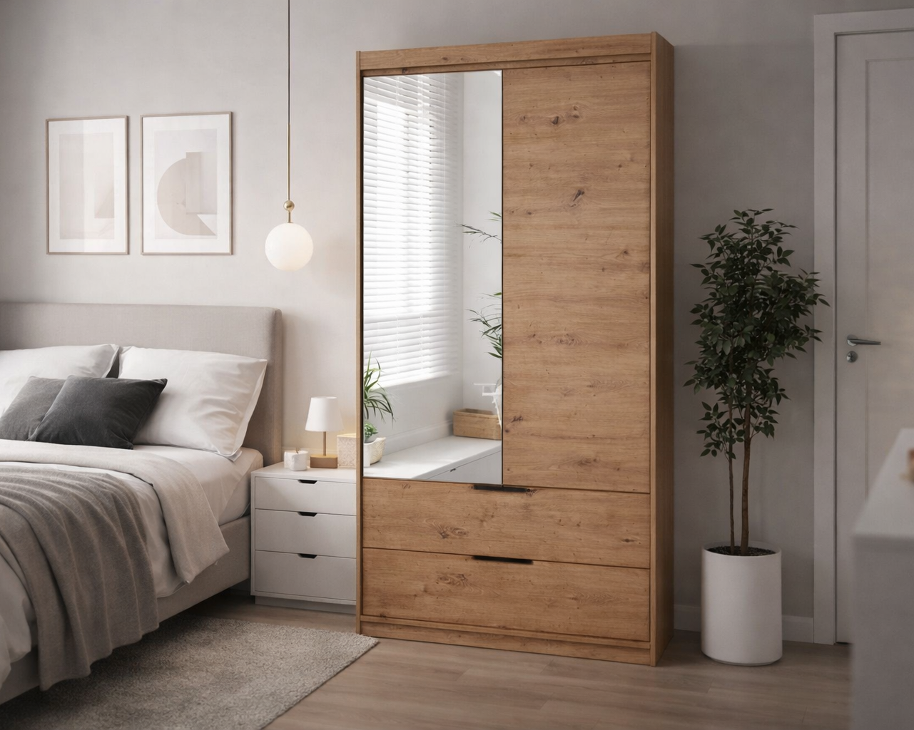 Oak Arisan Mirrored Hinged Door Wardrobe 103cm – HARTLEY