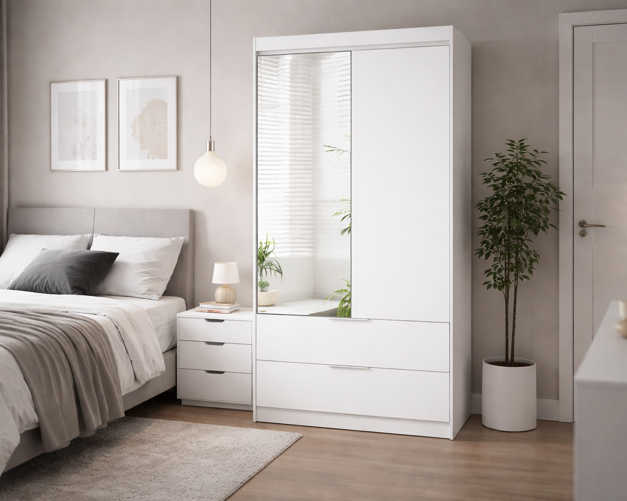 White Mirrored Hinged Door Wardrobe 103cm – HARTLEY