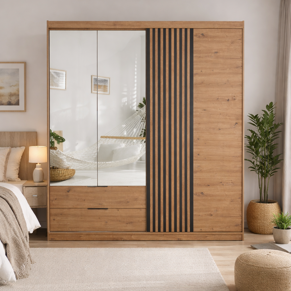 Oak Artisan Mirrored Hinged Sliding Door Wardrobe 203cm – HARTLEY
