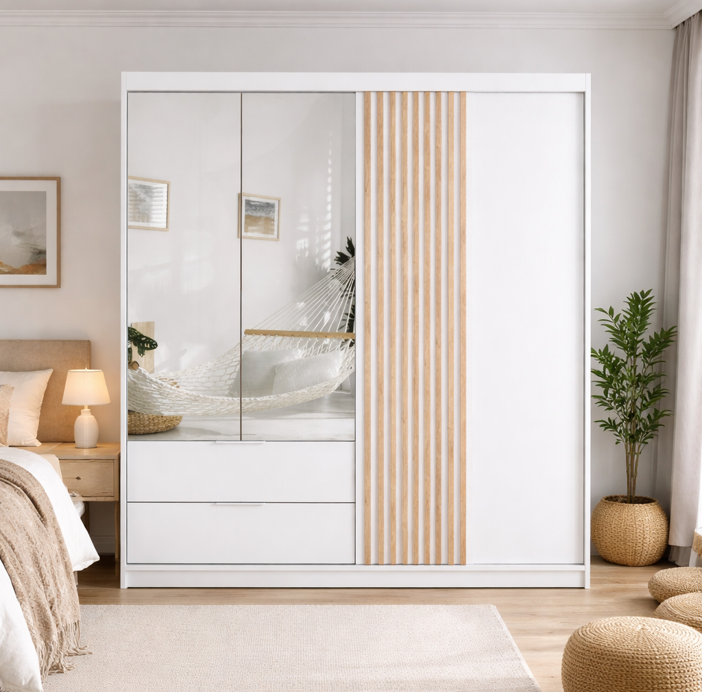 White Mirrored Hinged Sliding Door Wardrobe 203cm – HARTLEY