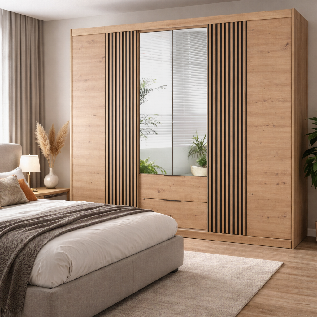 Oak Artisan Mirrored Hinged Sliding Door Wardrobe 250cm – HARTLEY