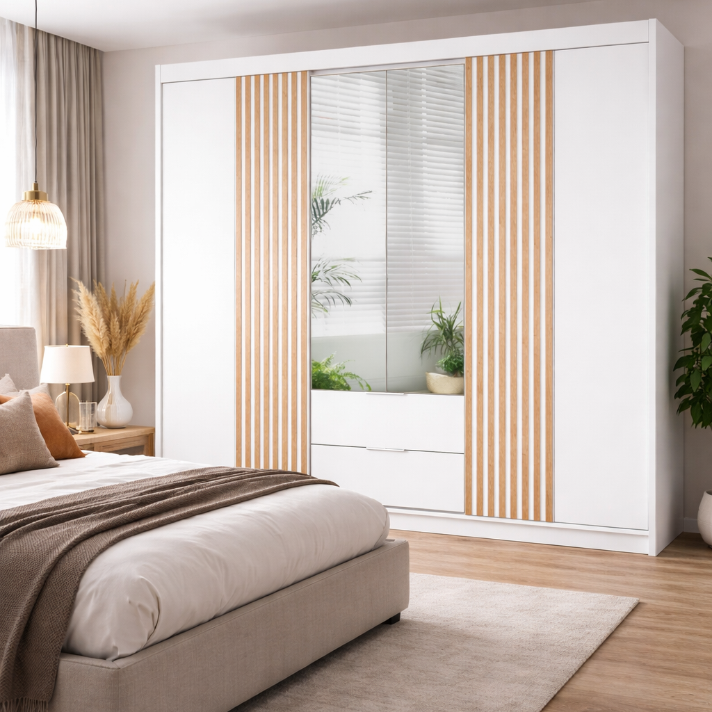 White Mirrored Hinged Sliding Door Wardrobe 250cm – HARTLEY