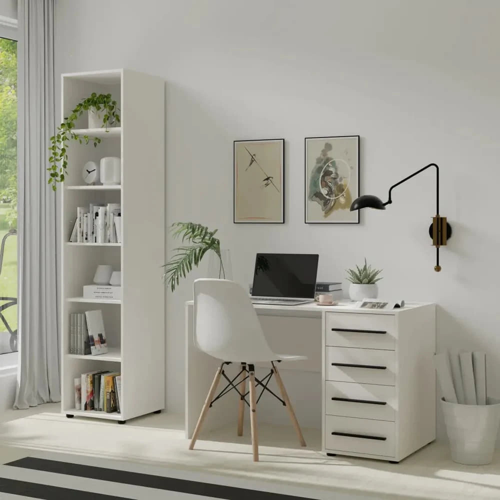 A white bookcase filled with books and decorative items in a home office setting