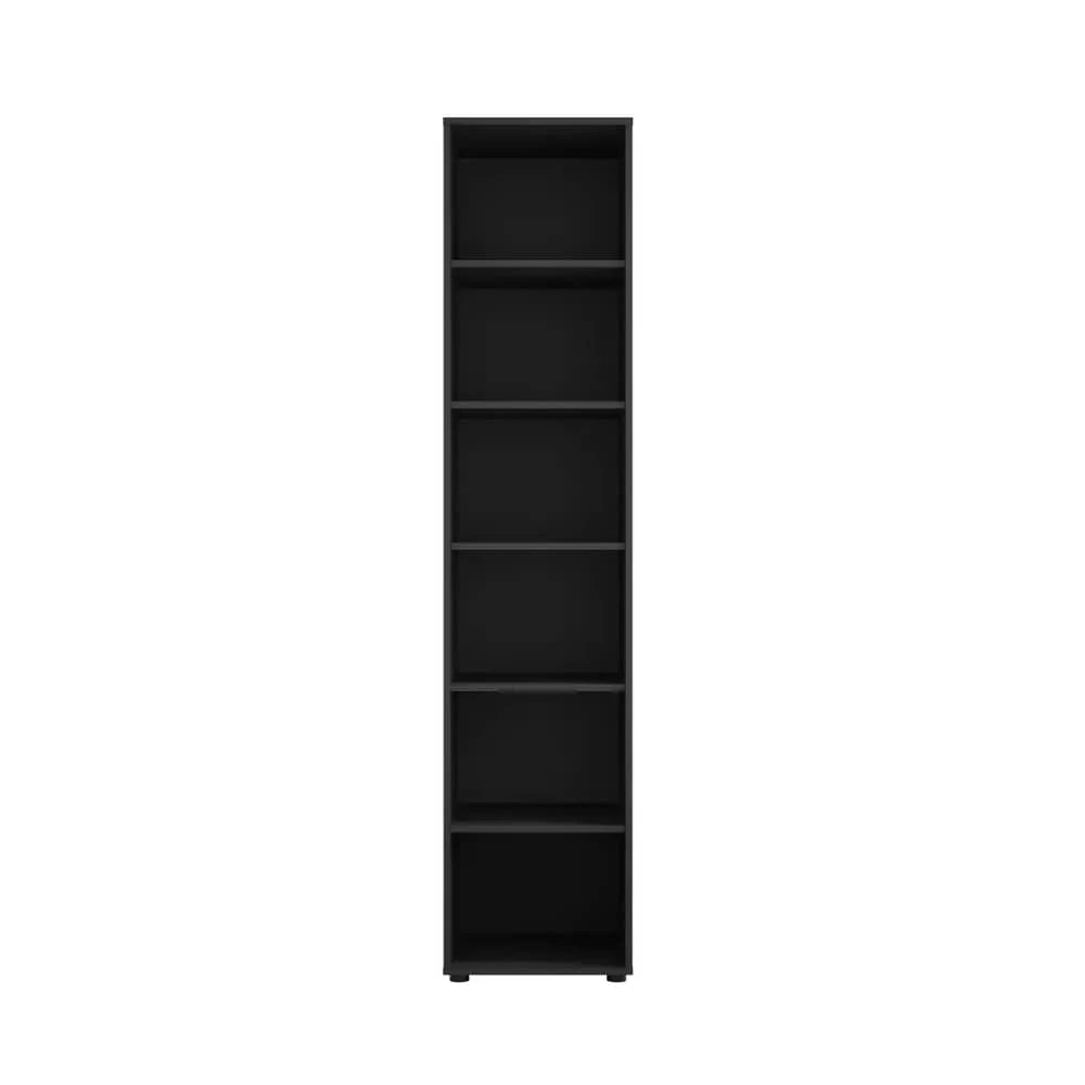 A tall narrow dark grey bookcase with six shelves, shown from the front