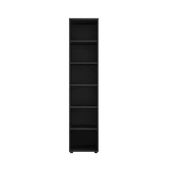 A tall narrow dark grey bookcase with six shelves, shown from the front