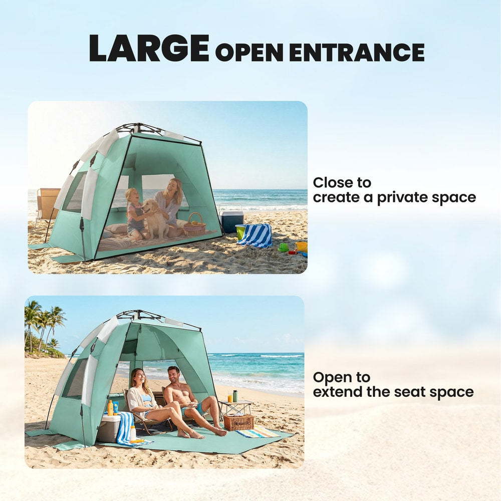 The pop up beach tent entrance can be closed for privacy or opened to extend seating space