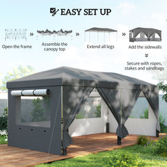 Outsunny 3 x 6 m Pop Up Canopy with UV50+ Protection Garden Gazebo with 6 Sidewalls, Dark Grey