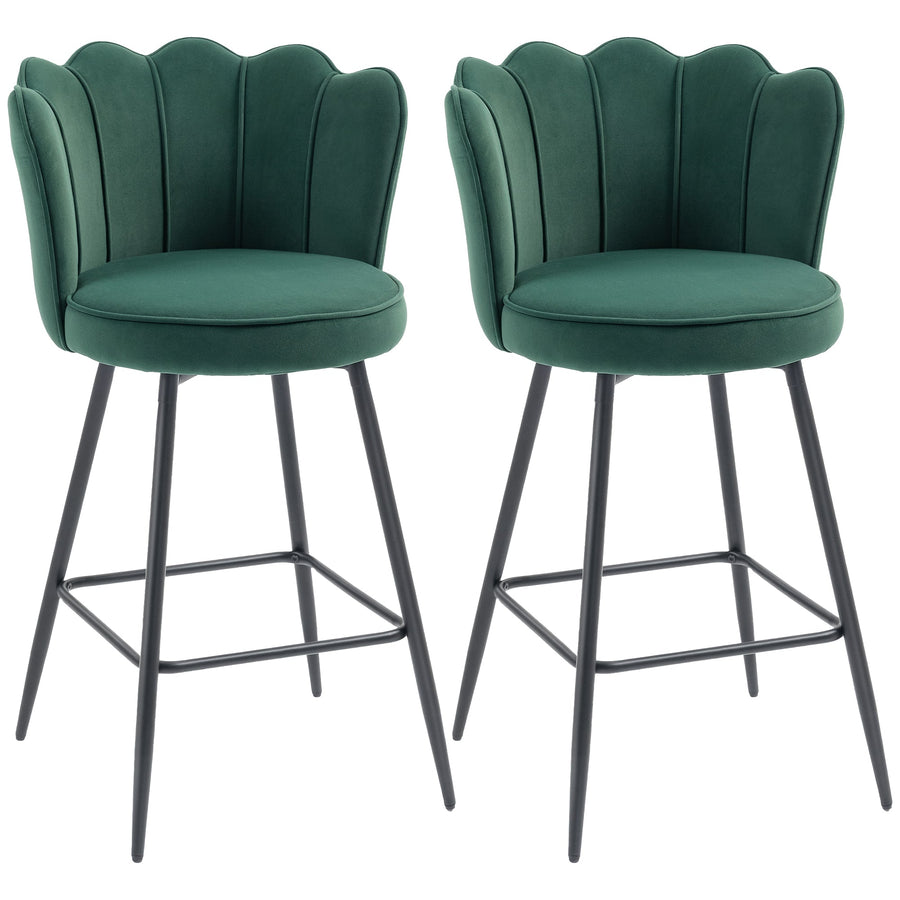 HOMCOM Set of Two Velvet-Feel Lotus Bar Stools - Dark Green