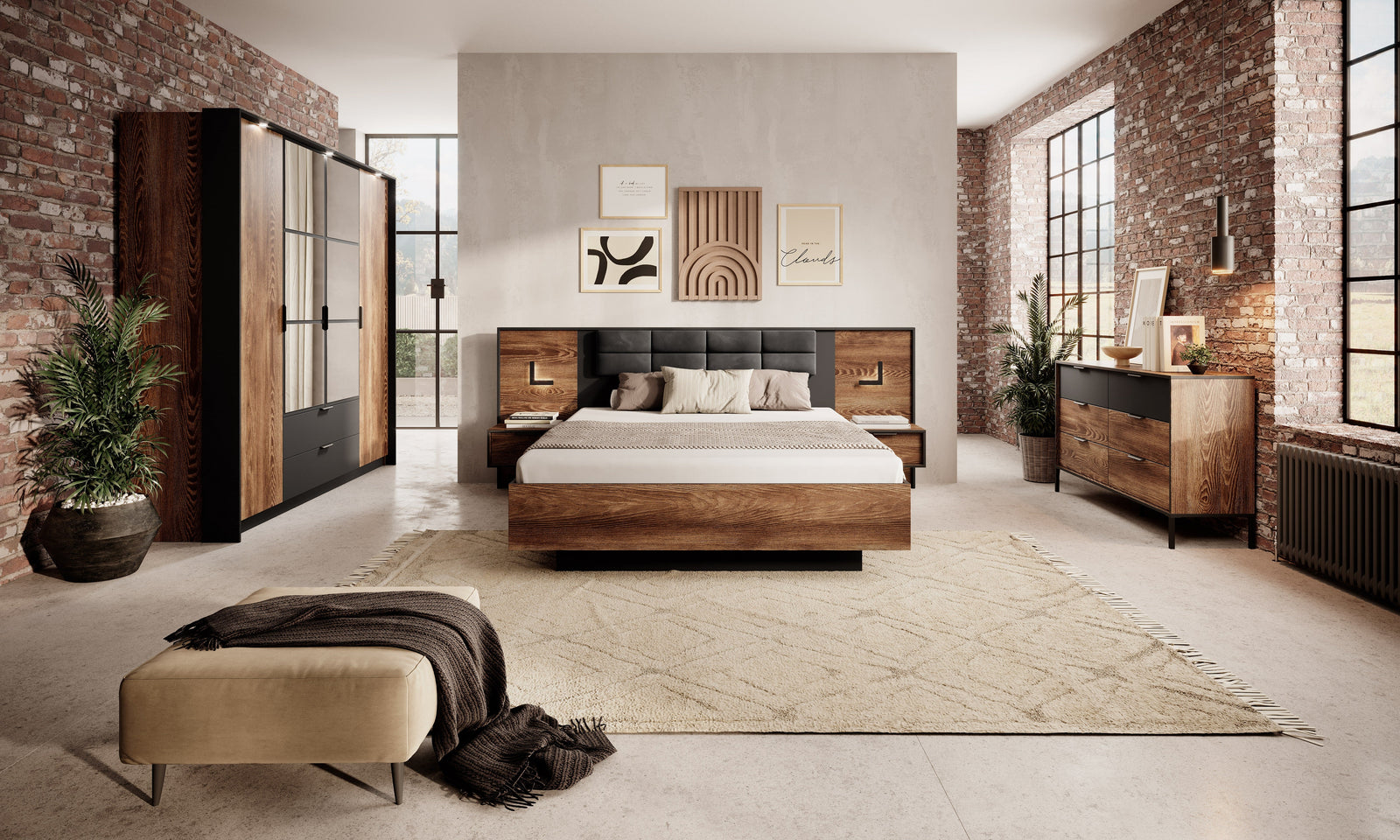 Bed MILTON Oak Chestnut & Anthracite