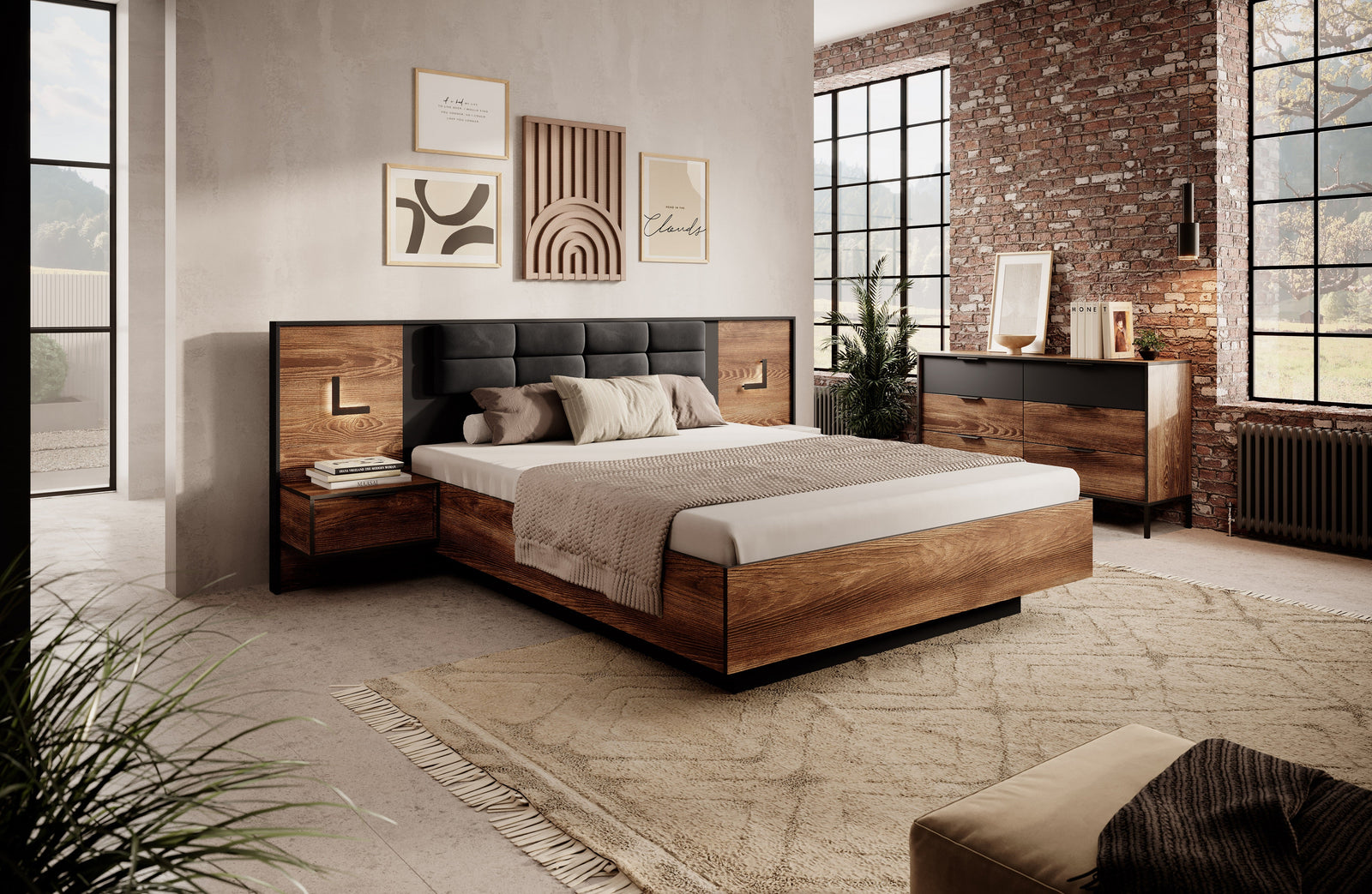 Bed MILTON Oak Chestnut & Anthracite