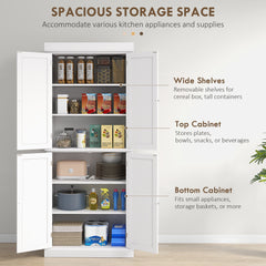 HOMCOM Freestanding Kitchen Cupboard with 4 Doors, Storage Cabinet with 6-Tier Shelving and 4 Adjustable Shelves, White