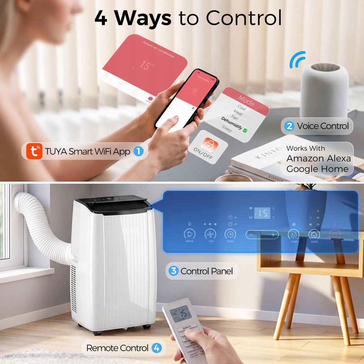 HOMCOM 14000 BTU 5-in-1 Portable Air Conditioner with Cool, Heat, Dehumidifier, Fan, Sleep, WiFi Voice Control, White