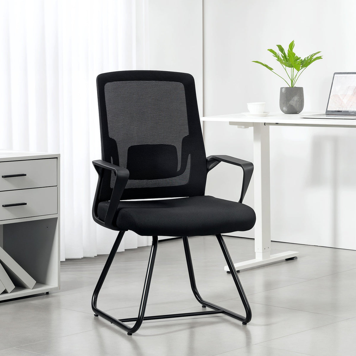 HOMCOM Desk Chair No Wheels, Office Chair with Mesh Back, Lumbar Support, Metal Base for Waiting Room, Conference Room, Black