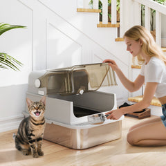 PawHut XXL Stainless Steel Cat Litter Tray, Enclosed Cat Litter Box with 90° Flip Cover, Double Doors, Scoop, Easy Clean, Grey