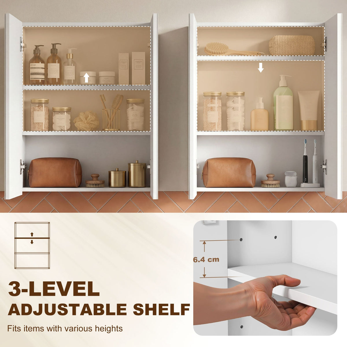 HOMCOM Wall Mounted Bathroom Mirror Storage Cabinet w/ Door Adjustable Shelf, White