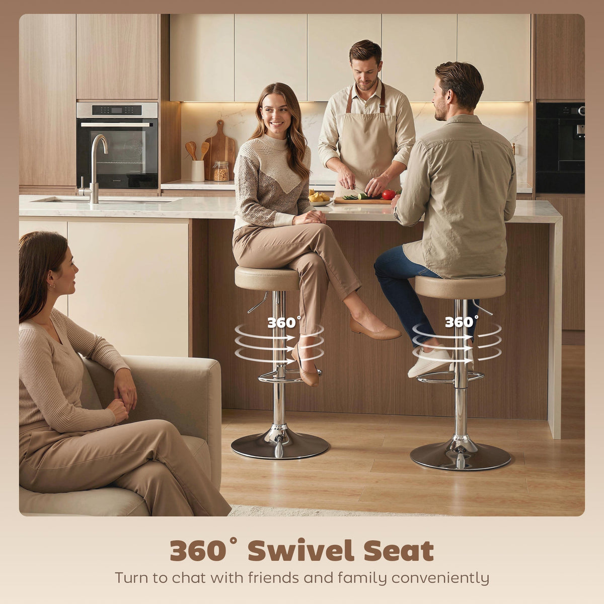 HOMCOM Bar Stools Set of 2, Modern PU Leather Swivel Barstools, Height Adjustable Breakfast Bar Chairs with Footrest, Brown