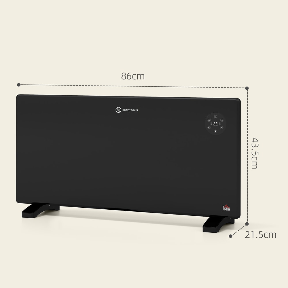 Black electric convector heater with dimensions shown, on a wooden floor with feet attached