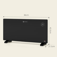 Black electric convector heater with dimensions shown, on a wooden floor with feet attached