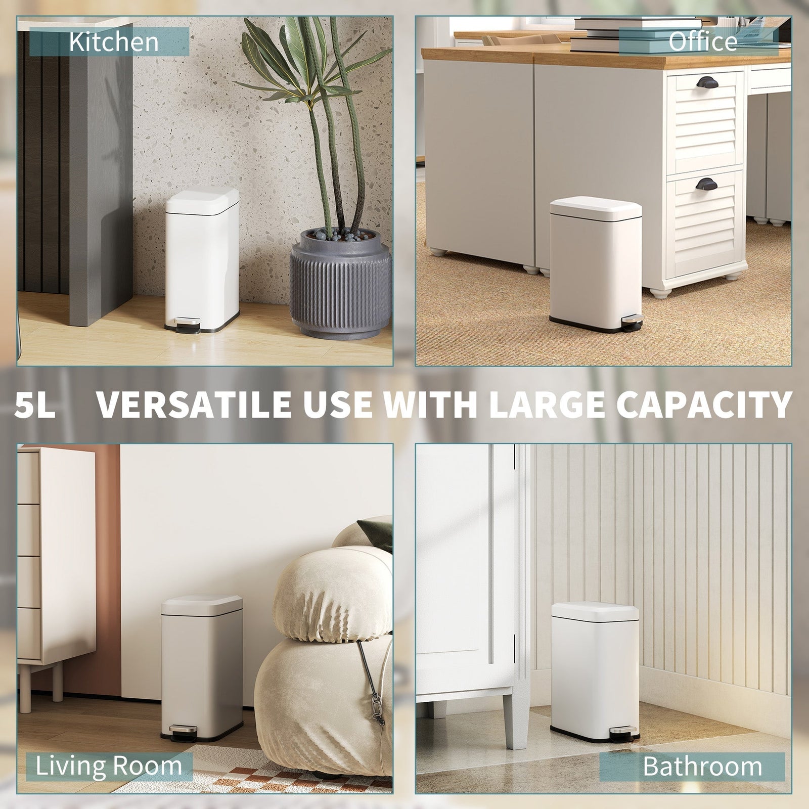 HOMCOM 5L Rectangular Compact Bin Steel Body Removable Bucket Quiet-Close Lid w/ Pedal Lid Rubbish Trash Can Home Office Bedroom Bathroom Living Room Garbage Tidy Clean White