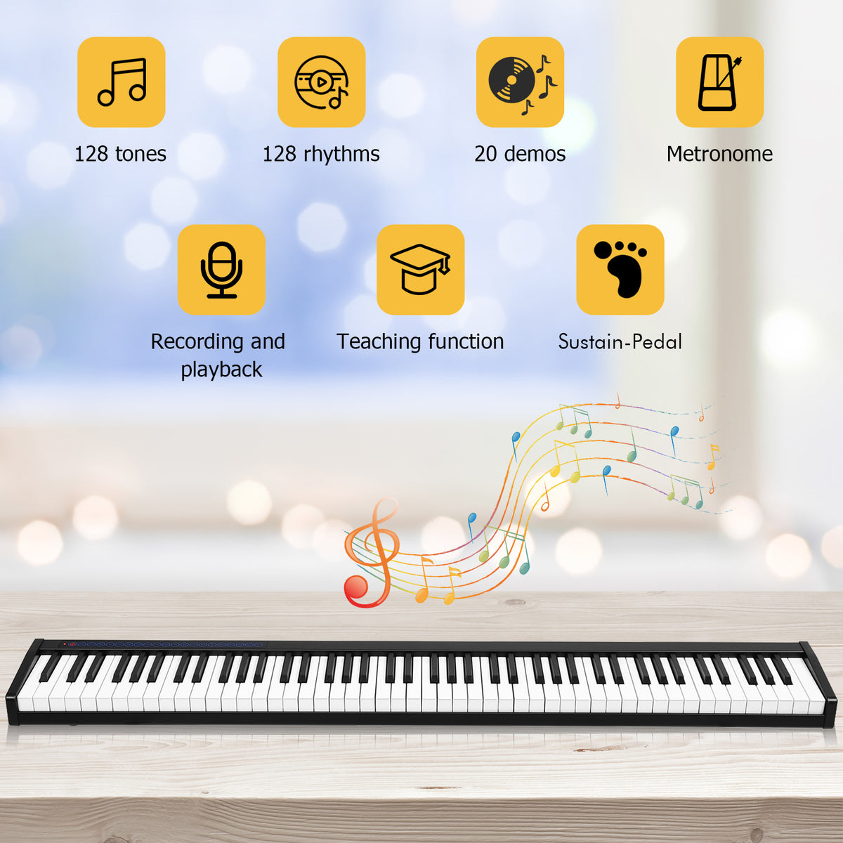Portable Electronic Piano 88 Keys Suitable for Children Over 3 Years Old-Black