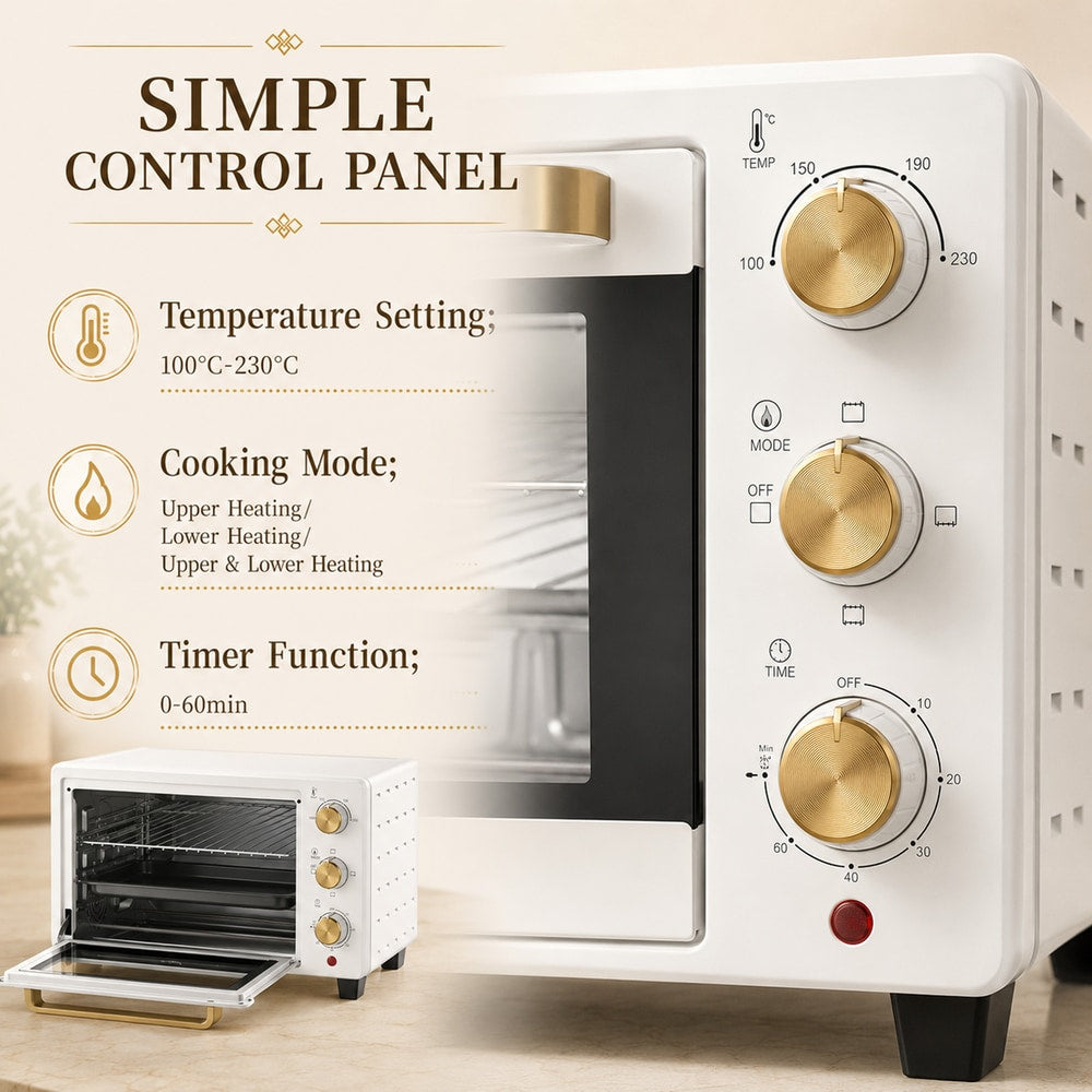 A close-up of the simple control panel of the small kitchen appliance with temperature and timer dials
