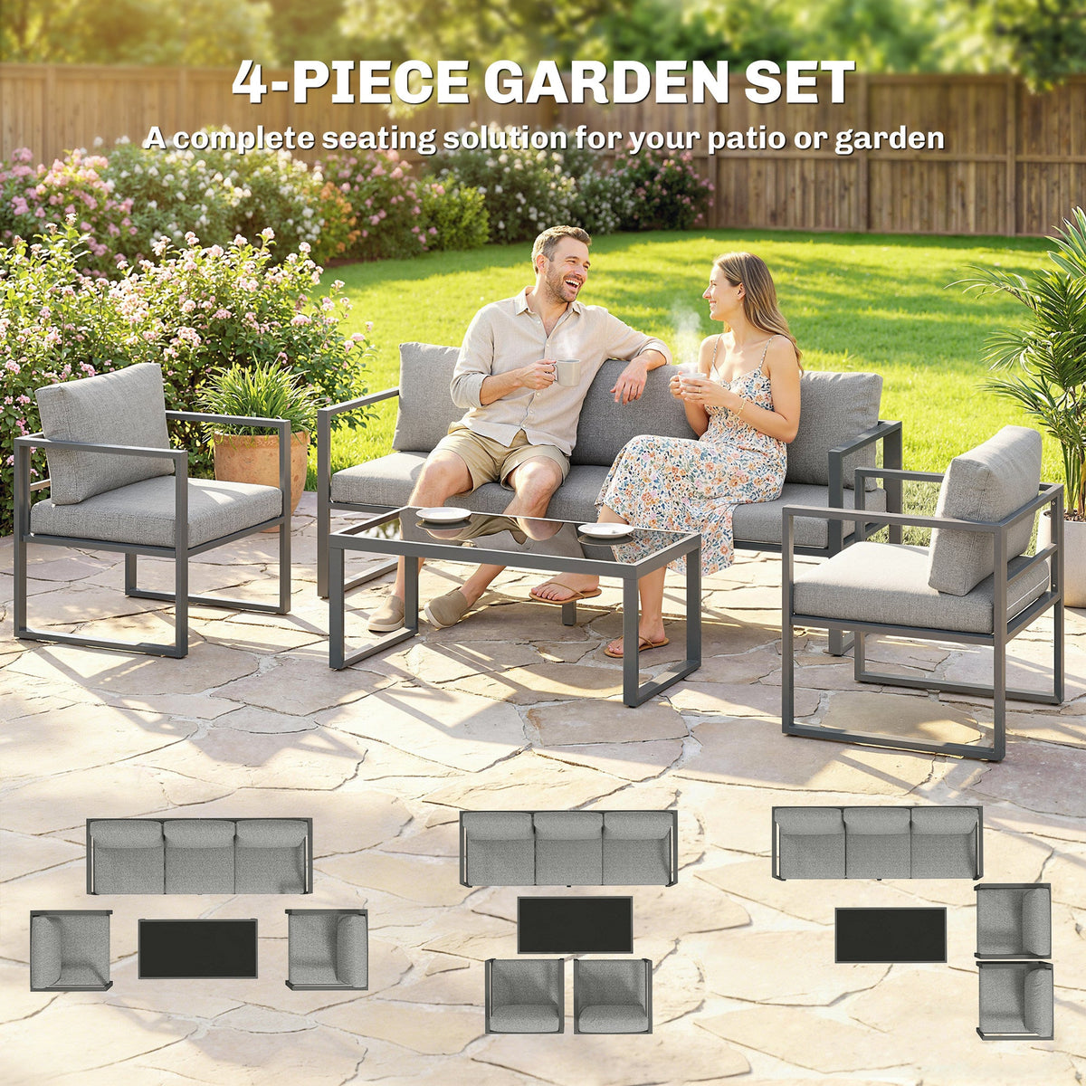 Outsunny 4 Piece Outdoor Garden Furniture Set, Patio Furniture with 3-Seater Sofa, Armchairs and Coffee Table