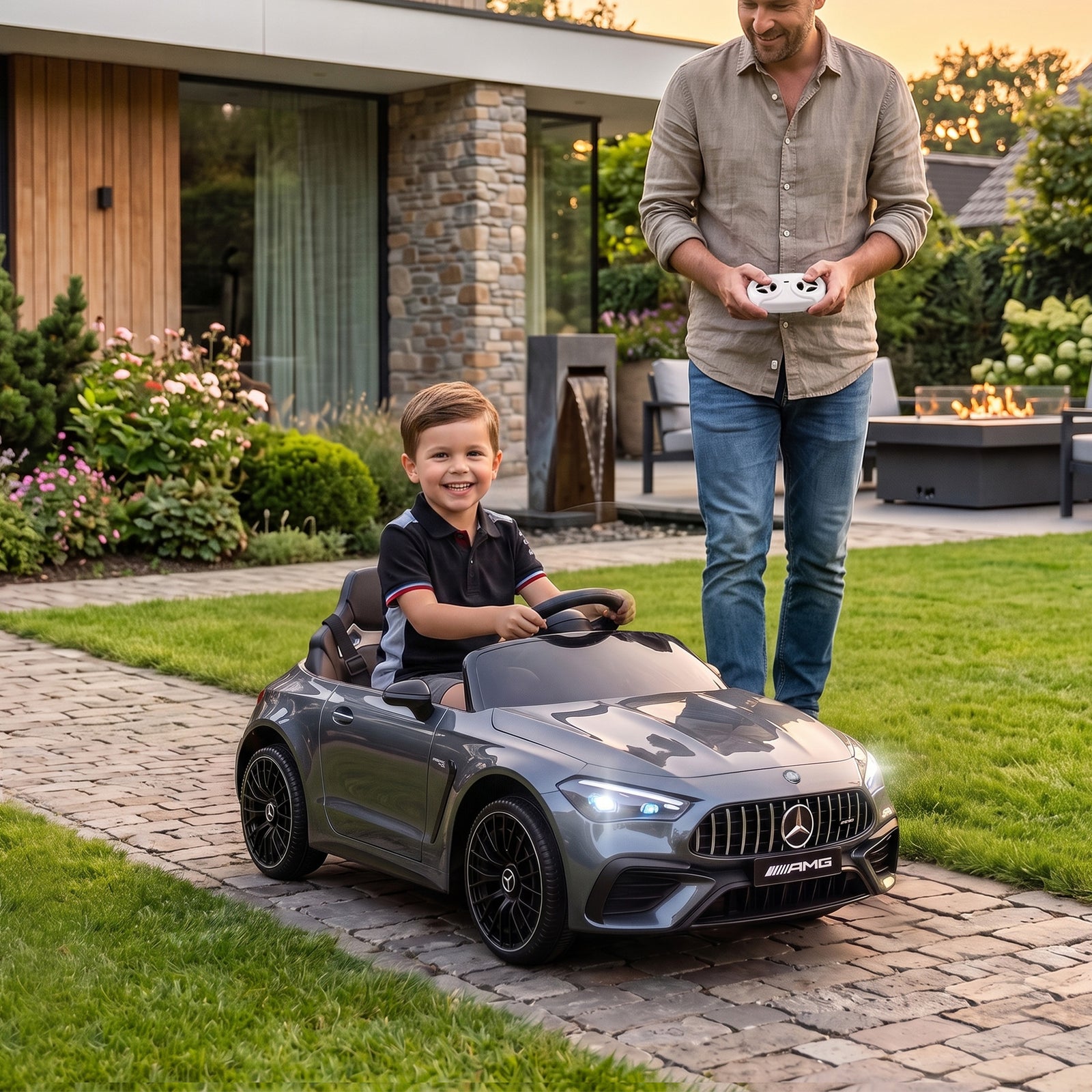 AIYAPLAY Licensed Mercedes AMG Kids Electric Car, 12V Ride On Car with Dual Motors, Remote Control for 3-6 Years, Grey