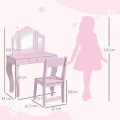 AIYAPLAY Kids Dressing Table Sets with Stool and Tri-Fold Mirror, Drawer for Playroom, Bedroom - Pink