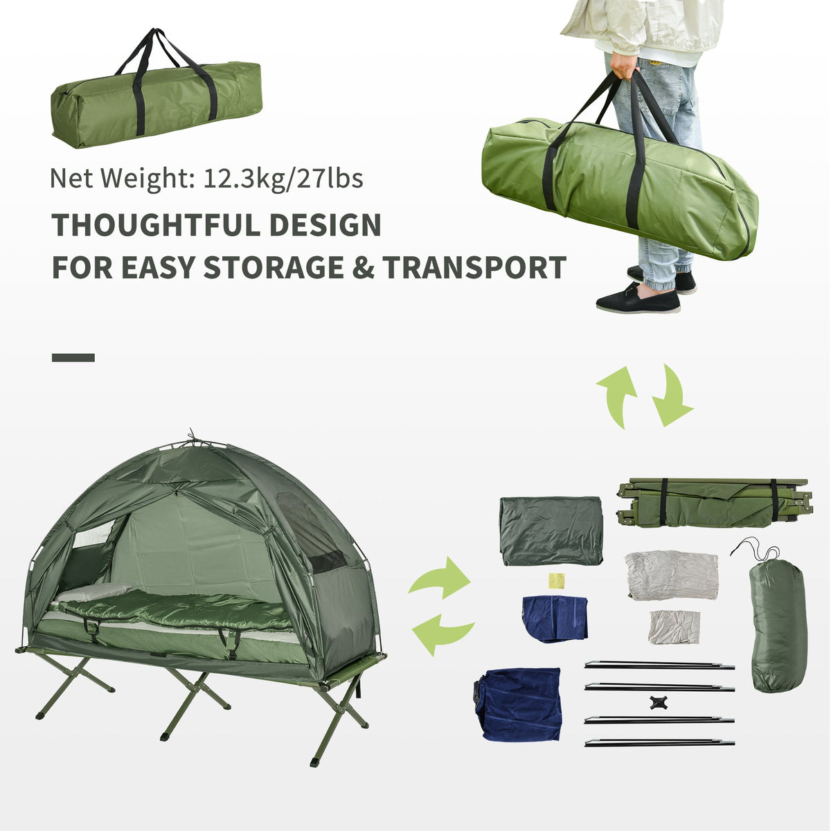 Outsunny Single Bed for Camping Foldable Camping Bed with Mattress for 1-Person Camping & Hiking, Green