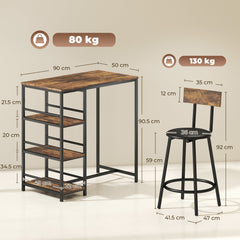 HOMCOM Space Saving Bar Table and PU Leather Stools for 2, 3 Piece Breakfast Bar Table Set with Storage Shelves, Rustic Brown